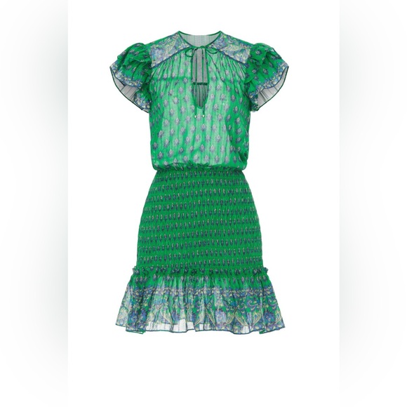 Veronica Beard Brindelle Mini Dress Smocked Flutter Sleeve Kelly Green Size 4 - Picture 5 of 15